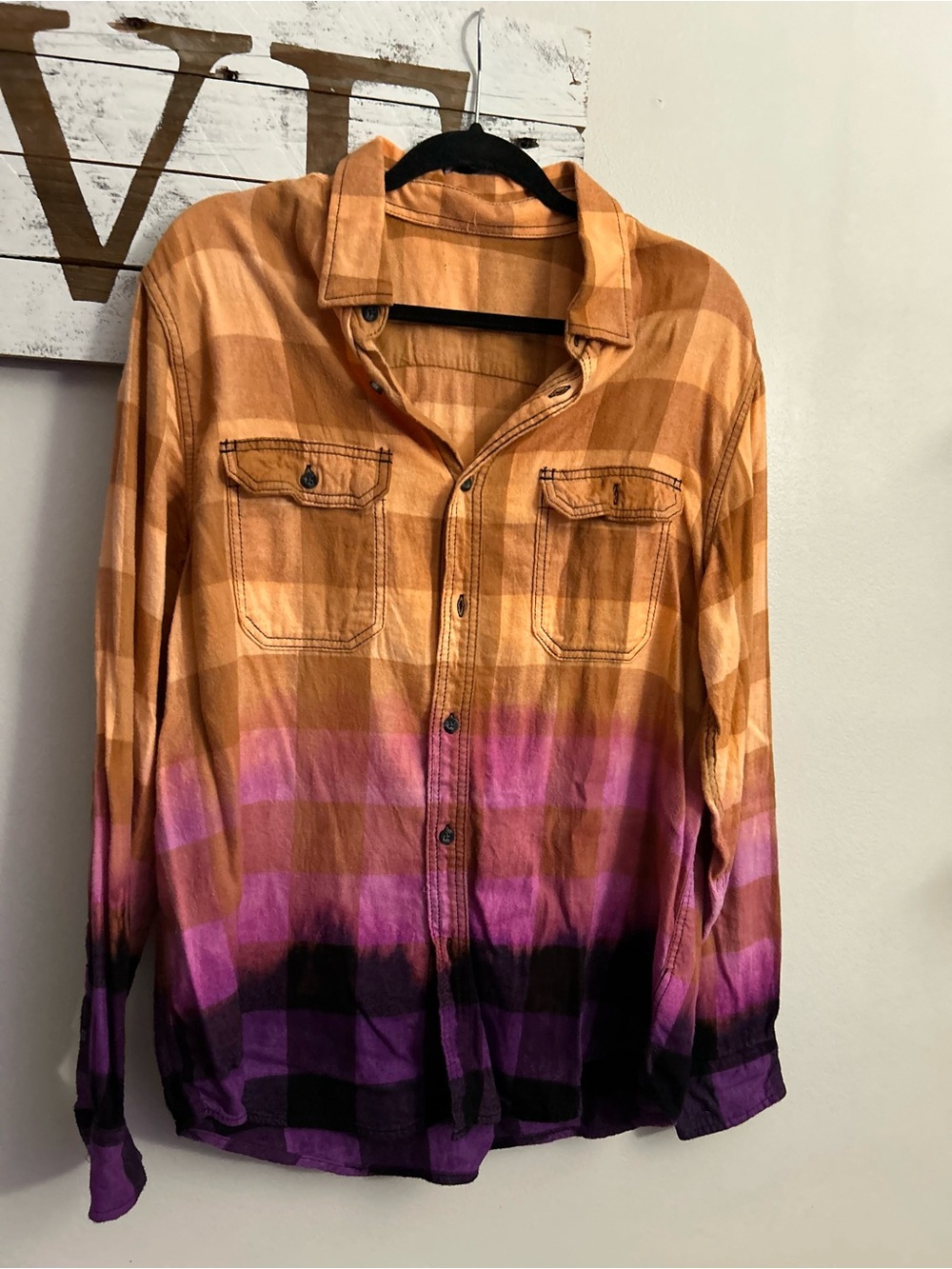 Men's Gradient Plaid Button-Up Shirt in Orange and Purple